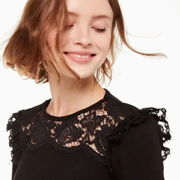 Kate Spade Women's Size M Dress Black Lace Yoke Ponte Long Sleeve A-Line  Midi
